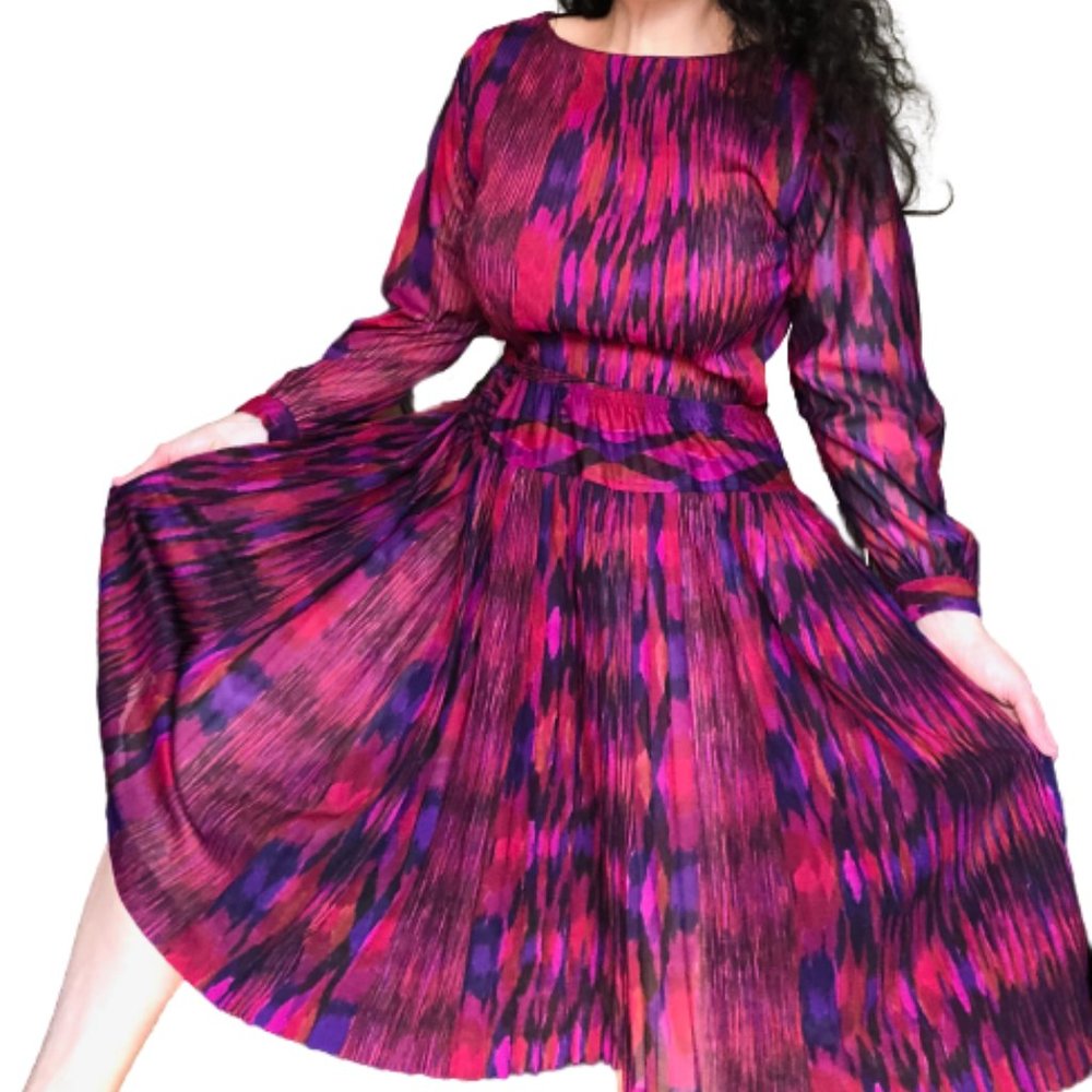 Vtg 80s Sheer Accordion Pleat Reptile Print Red Pink Purple Top + Skirt